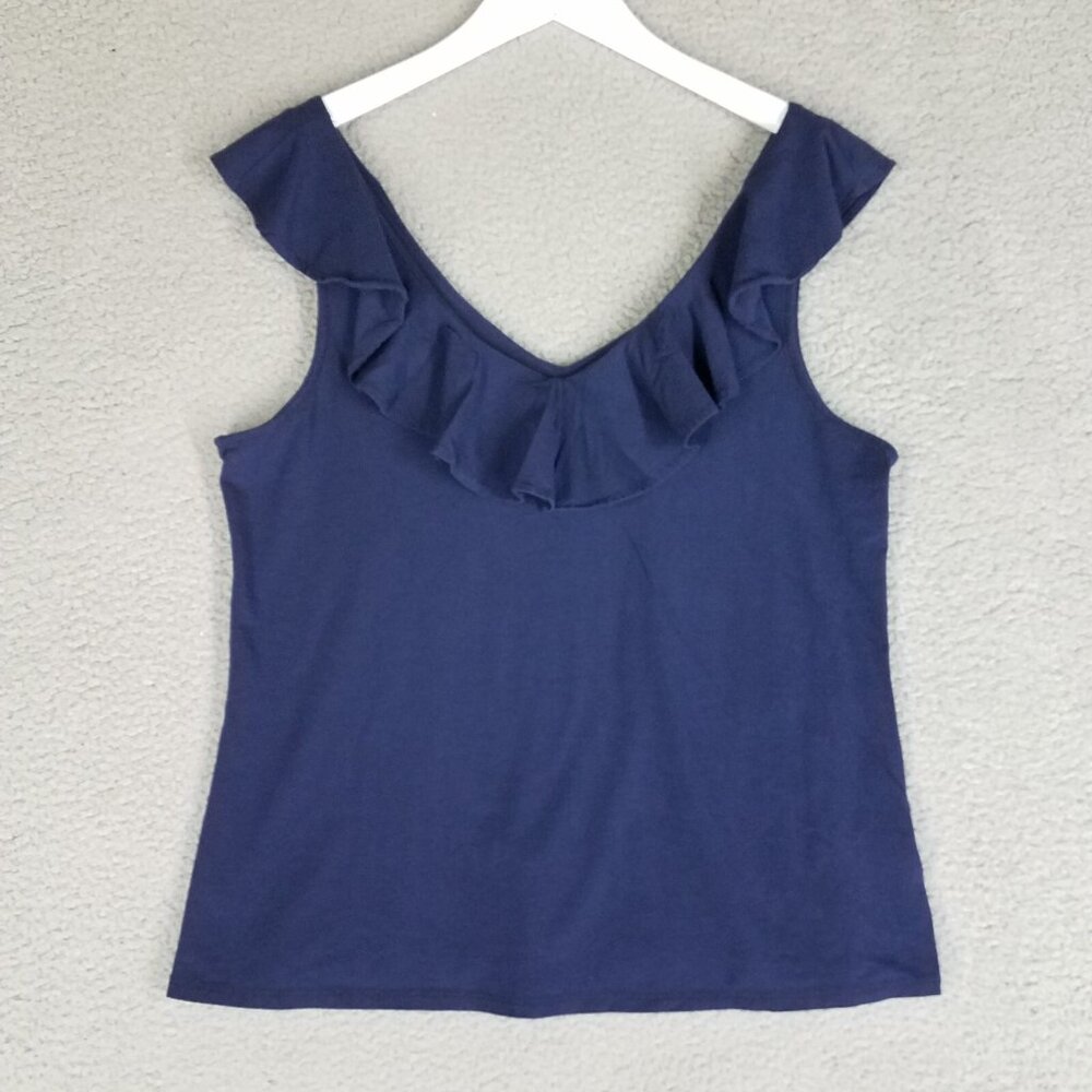 Lilly Pulitzer Tank Top Women's Large Blue Ruffled V-Neck Casual Jersey Knit